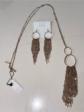 White House Black Market Gold-Tone Double Ring Fringe Necklace and Earrings Set